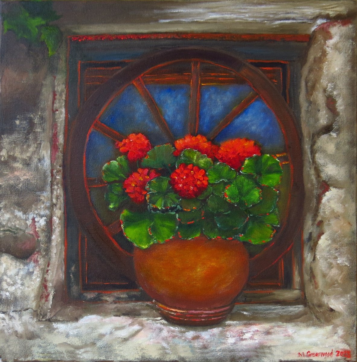Impressionistic Botanical Oil Painting By Maureen Greenwood, 16 X 16", Geraniums In A Pot, Original Artwork