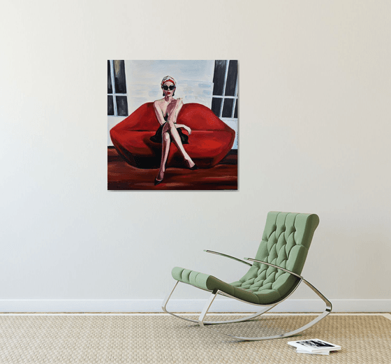 LIPS SOFA - oil painting on canvas, red lips, woman, gaze, sex, erotics, body shapes, white, red, sunglasses, office art, wall art