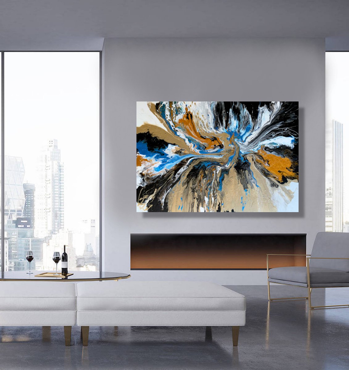 The process of creating a home-made trendy abstract modern pattern painted  with a brush of acrylic blue multi-colored resin on a round wooden board  14026194 Stock Photo at Vecteezy