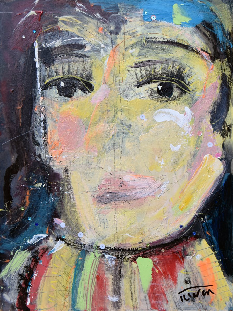 Organic Portrait Acrylic Painting By Catalin Ilinca, 12 X 16, Tete De Femme 10-22, Original Artwork