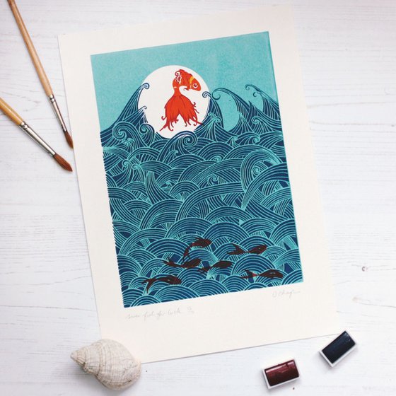 Seven fish for luck oringinal screenprint for new beginnings