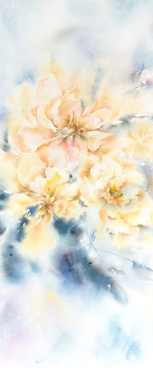 Yellow blue abstract flowers by Olga Grigo