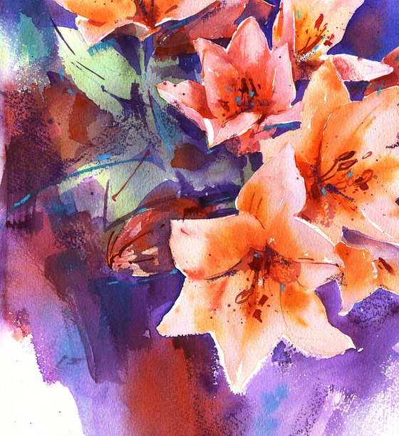 "Dance of the Lilies" - flowers on a contrasting background bright watercolor original artwork