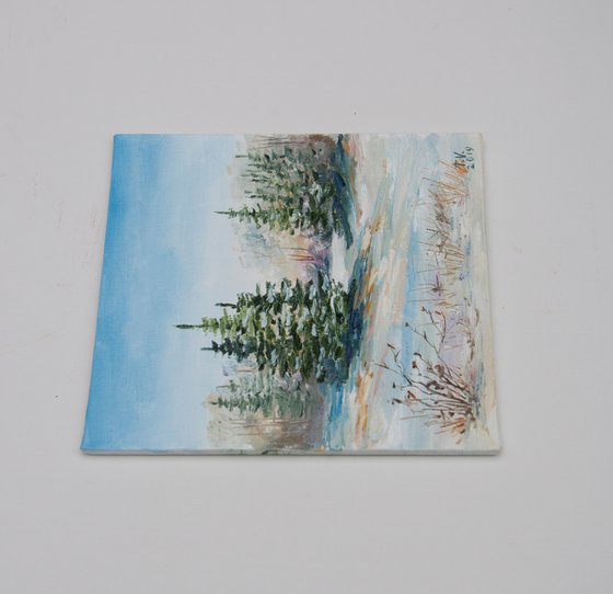 Winter forest. Oil painting. Original Art. Christmas trees. Miniature 6" x 6"