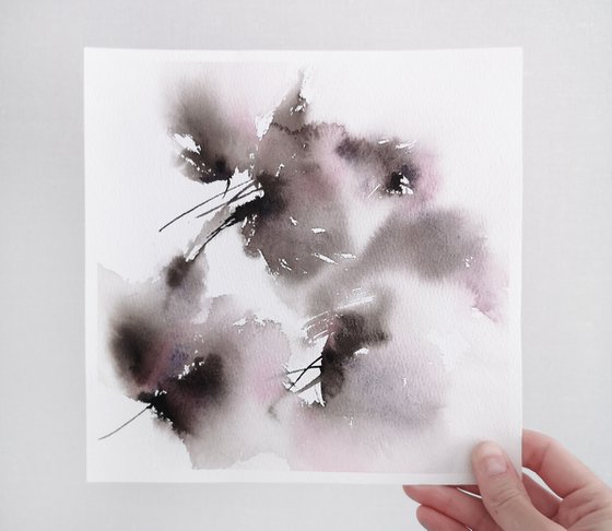 Black abstract flowers, small watercolor floral painting