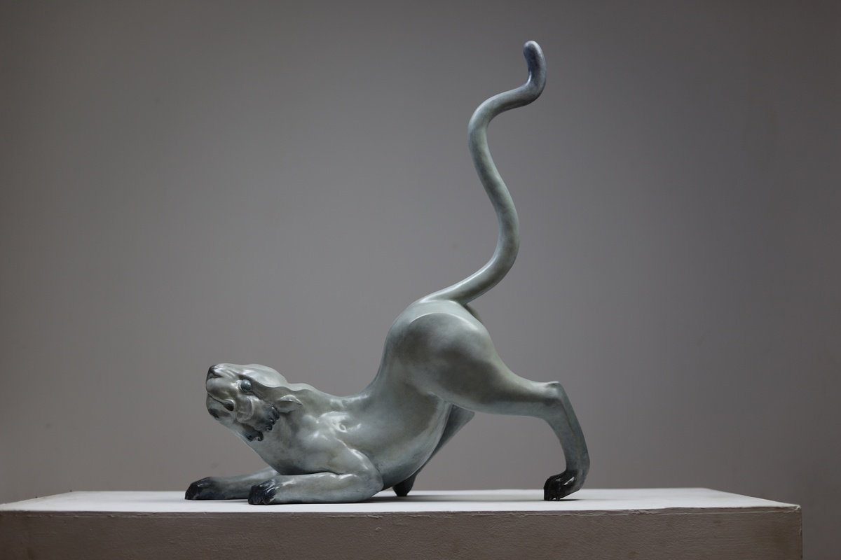 Expressive Animal Bronze Sculpture By Huang Yunchang ???, 26 X 23, Mountain Pilgrimage, Original Artwork