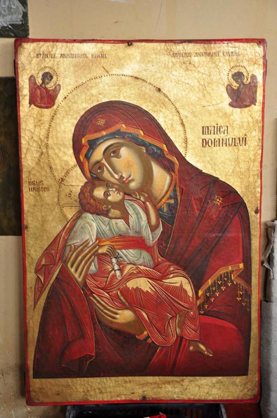 HUGE BYZANTHINE OLD LOOK ORTODOX CHRISTIAN ICON ON WOOD GOLD LEAF A TRUE MASTERPIECE 60 X 90 CM