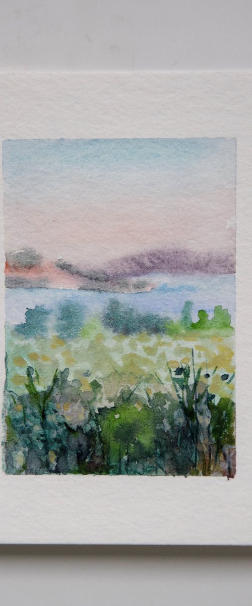 Landscape miniature watercolor painting, mountains field tiny original art by Kate Grishakova