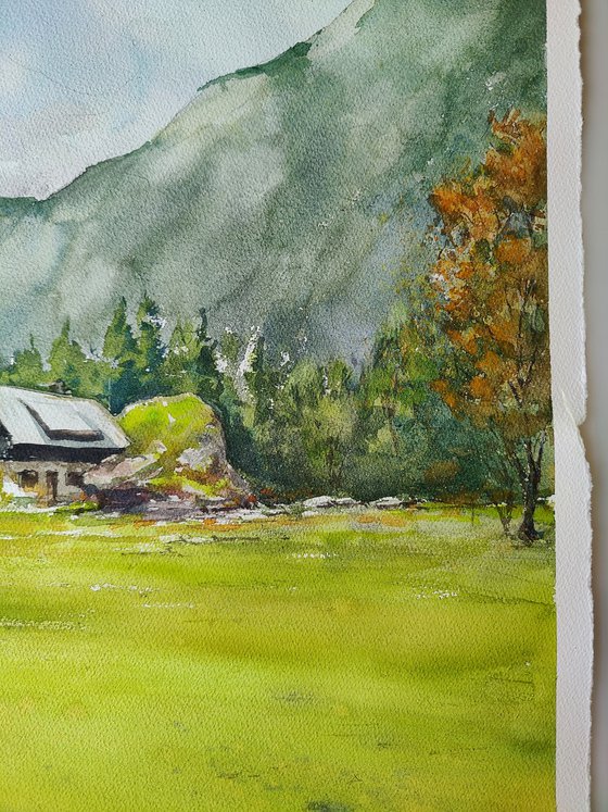 Peace, Bohinj valley Slovenia, Original watercolor painting (2023), Countryside landscape