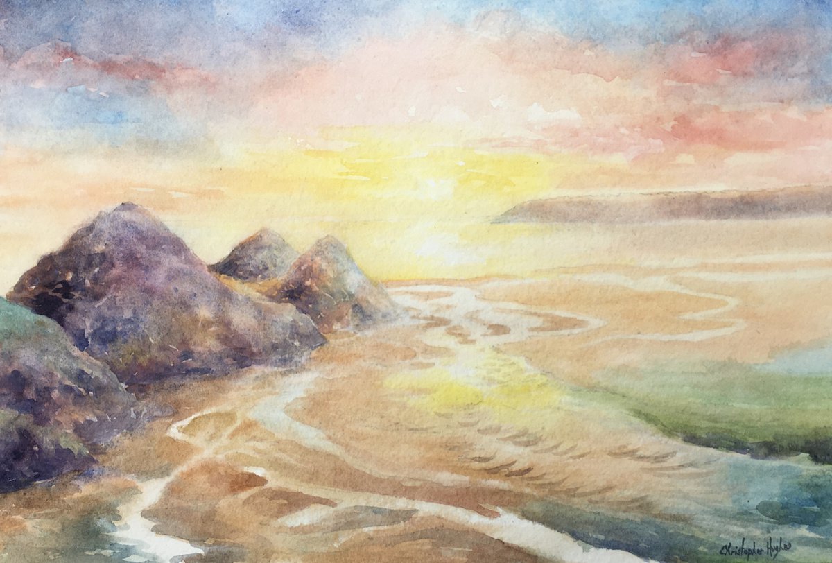 Impressionistic Landscape Watercolour By Christopher Hughes, 14 X 10, Three Cliffs Sunset.the Gower.swansea, Original Artwork