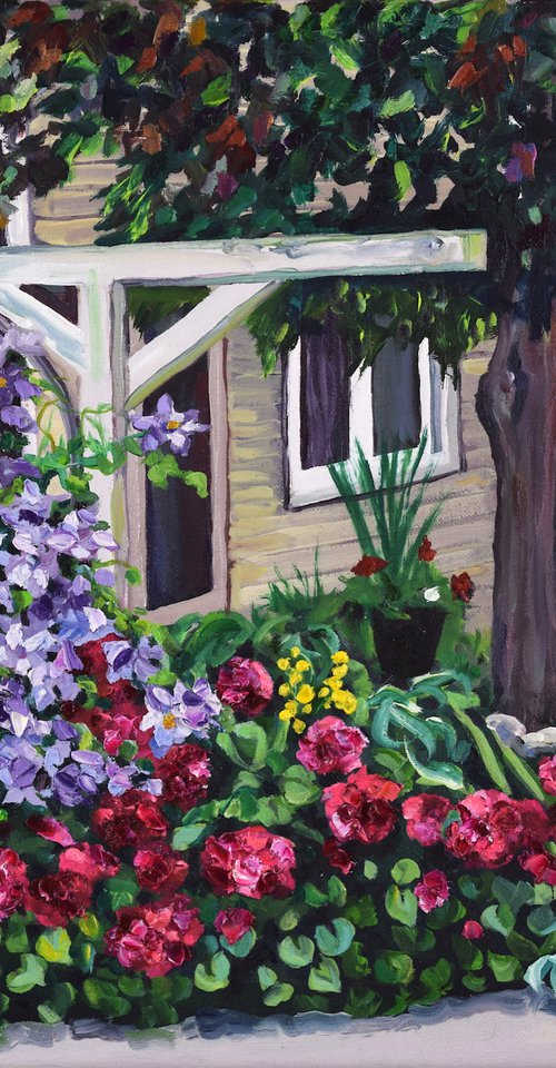 Wagon Wheel Trellis with Clematis & Peonies by Christina M Plichta