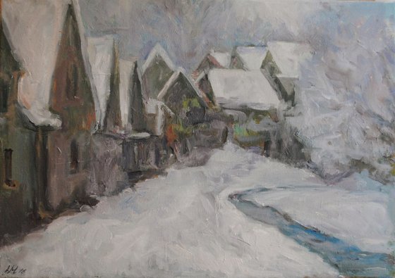 Snowy village  Winter  Impressionist landscape  Home /Office decor idea. Gift art.