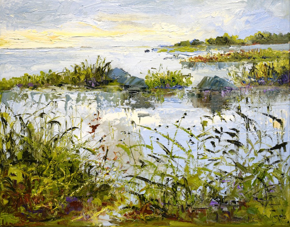 Impressionistic Landscape Oil Painting By Sonja Brussen, 20 X 17", Whispering Reed, Original Artwork