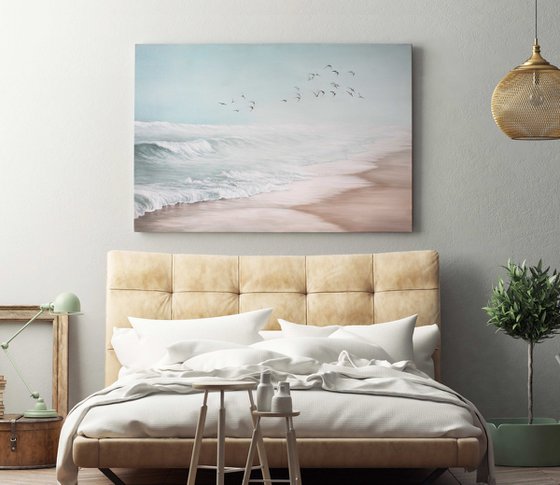 "Sea vibes 2" Blue beige landscape oil art