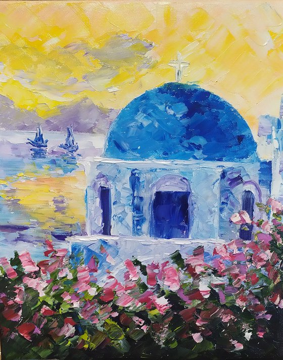 Santorini, original Greece oil painting, small gift, bedroom painting