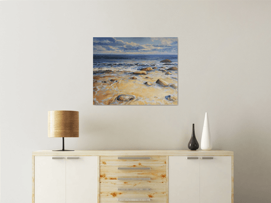 Warm stones 2, original one of a kind acrylic on canvas seascape (24x30'')