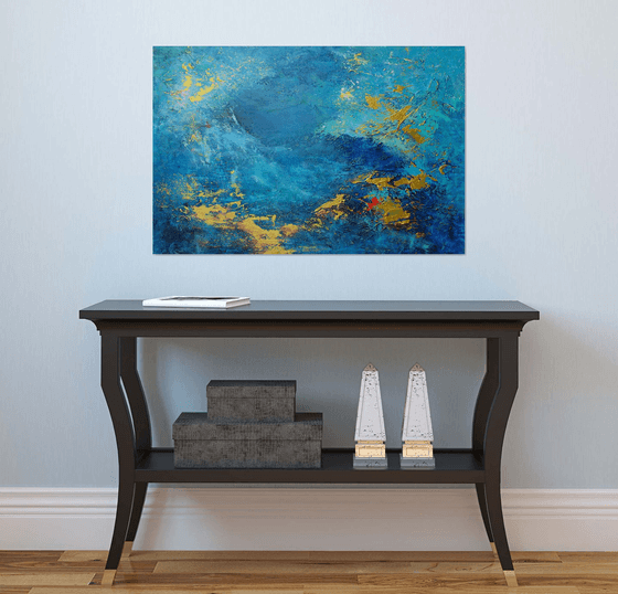 Large Abstract Painting. Blue, Turquoise, Gold Contemporary Abstract Seascape Painting # 810-29. Modern Textured Art