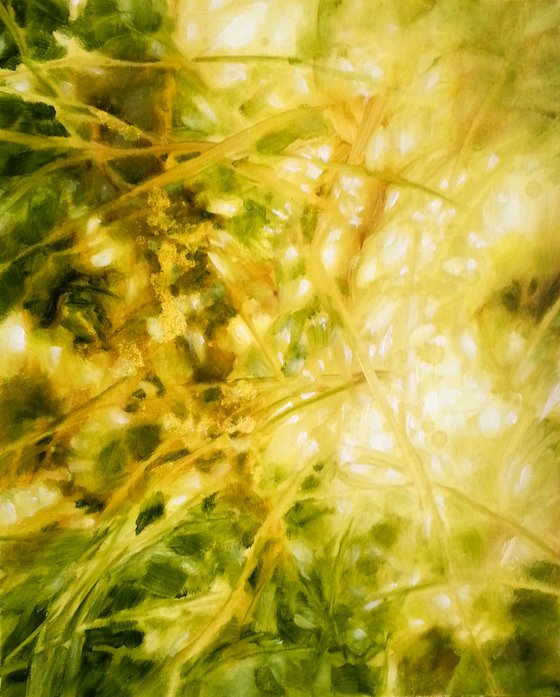 Light through the branches - Abstract nature - Oil painting in yellow, green and brown
