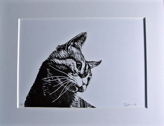Cat Linocut, Print on Paper, Mounted