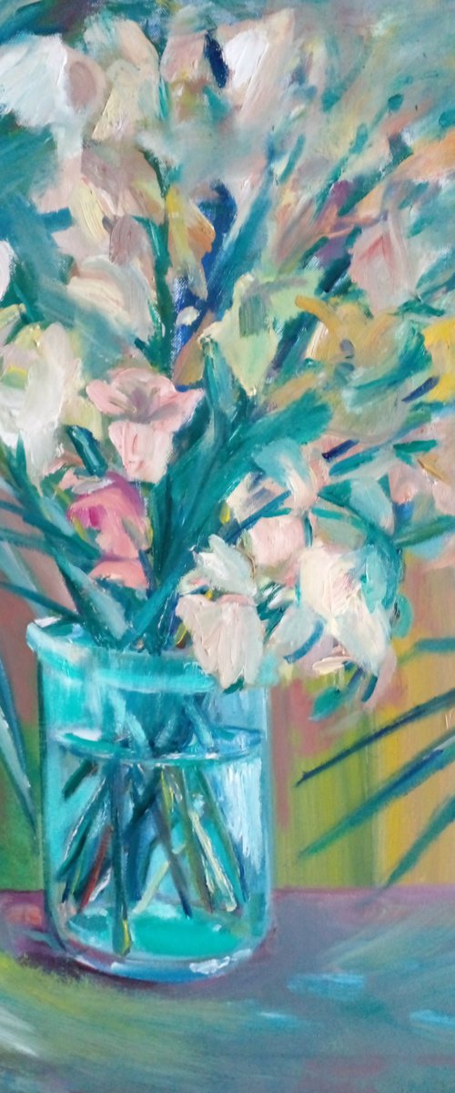 Garden Gladioli in a vase by Oxana Raduga