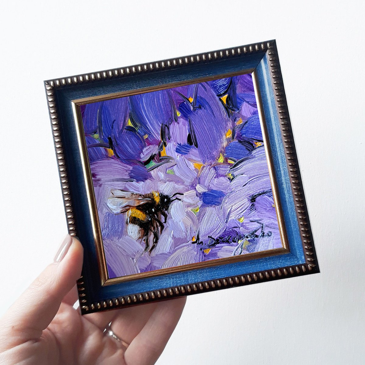Bumblebee oil painting original small framed, Bee art small painting framed picture by Nataly Derevyanko