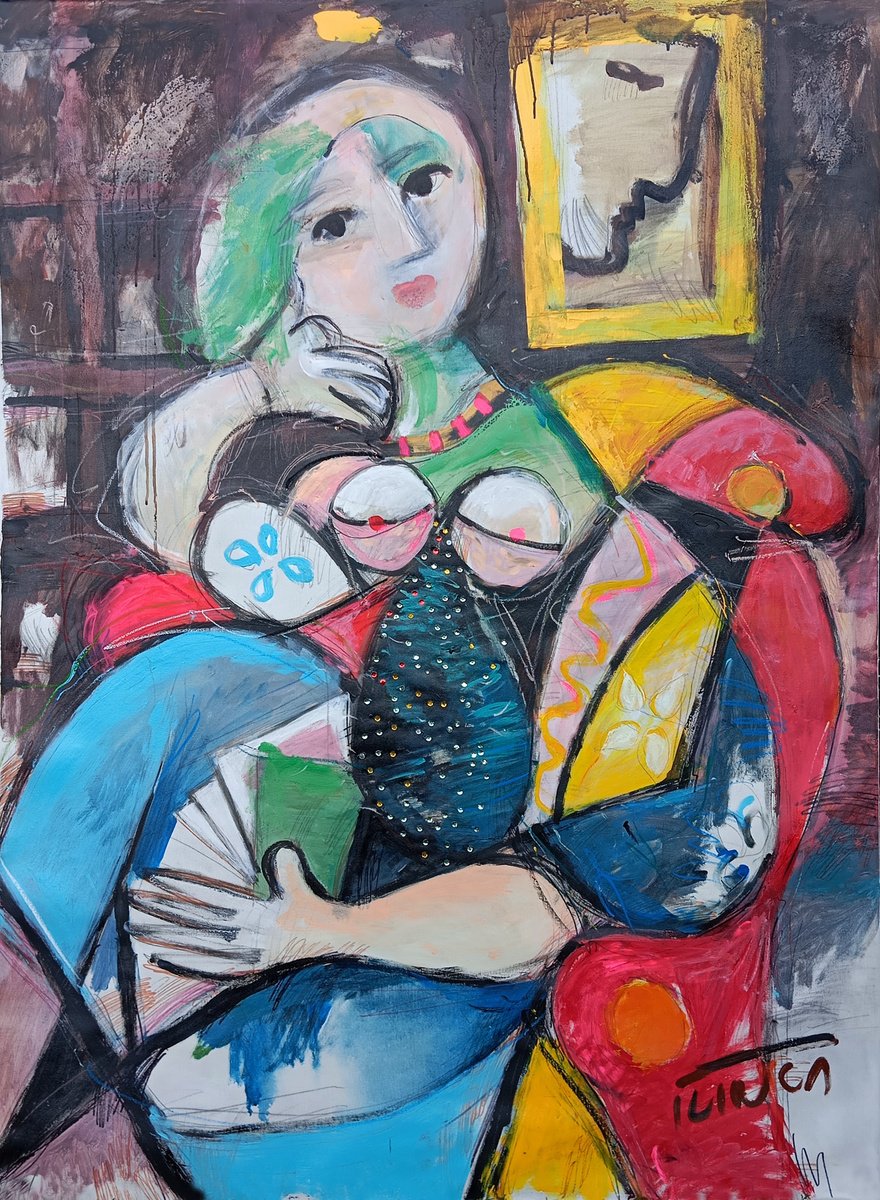 Expressive Portrait Acrylic Painting By Catalin Ilinca, 43 X 59, The Girl Wgb (Insp By Picasso), Original Artwork