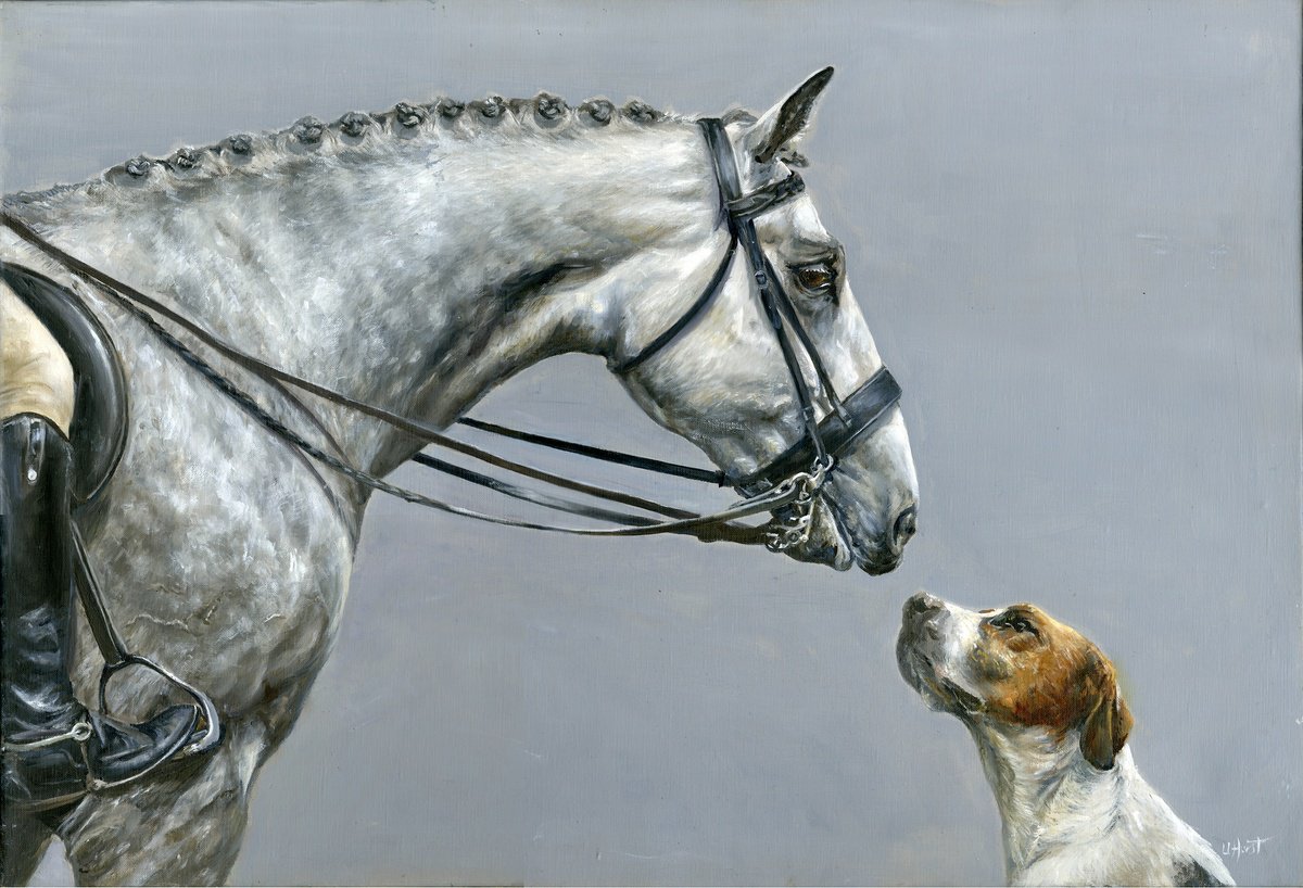 Photorealistic Animal Oil Painting By Una Hurst, 30 X 22", Horse And Foxhound Equestrian, Original Artwork