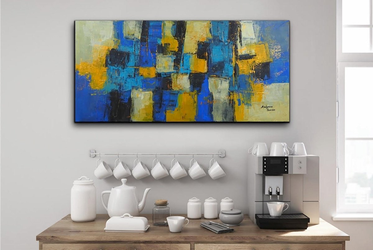 Geometric Abstract Acrylic Painting By Kalpana Soanes, 41 X 20", Dream Between The Devil And The Deep Blue Sea, Original Artwork