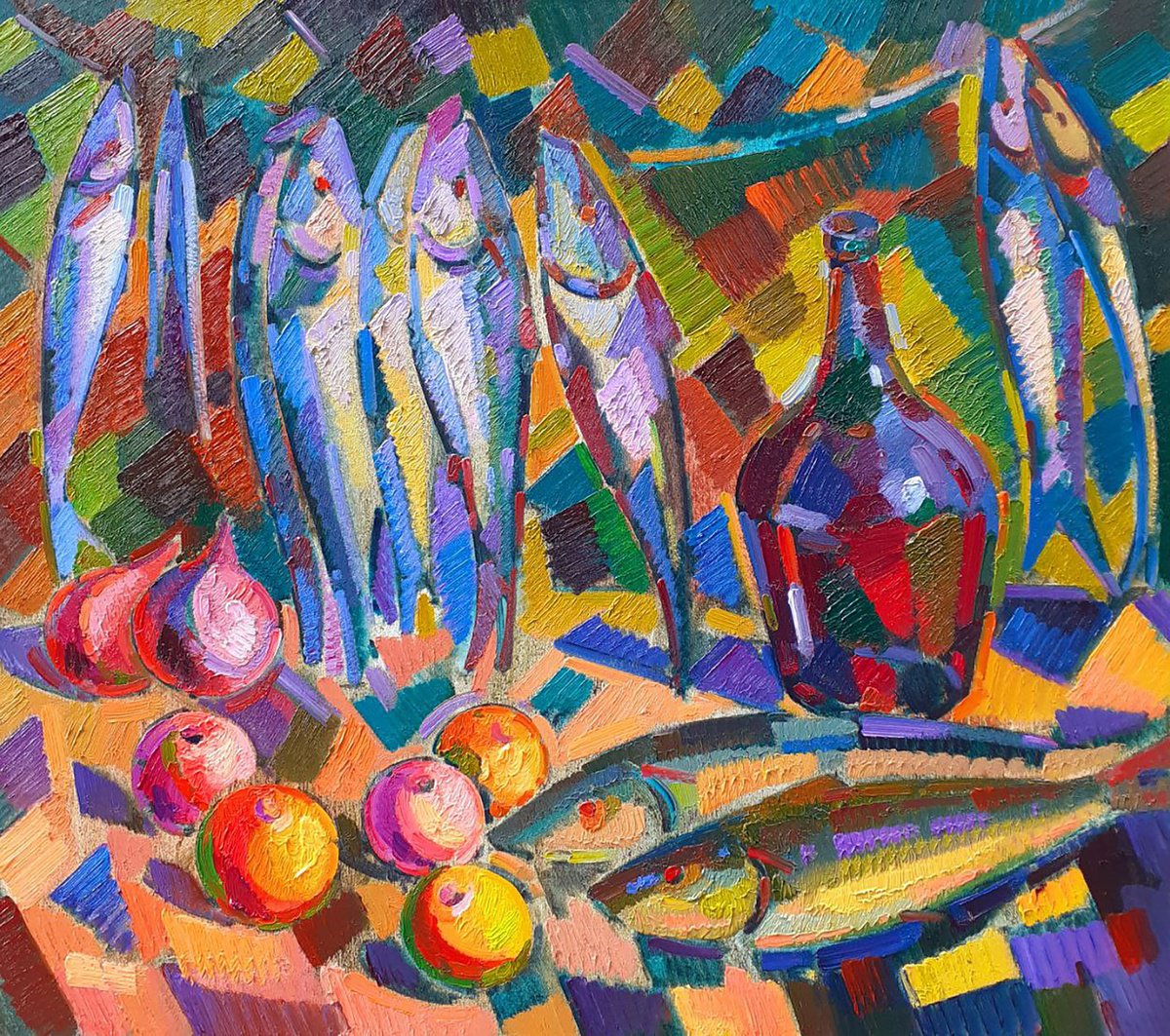 Impressionistic Still Life Oil Painting By Peter Tovpev, 33 X 30", Fish, Fruit And Wine, Original Artwork