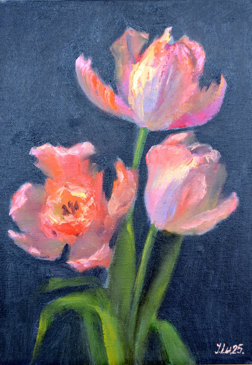 Expressive Still Life Oil Painting By Elena Lukina, 8 X 12, Coral Tulips 2, Original Artwork