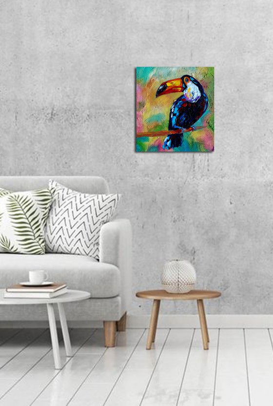 Surrounded by bright colors - toucan oil painting, birds, toucan, animals, bird, birds oil painting