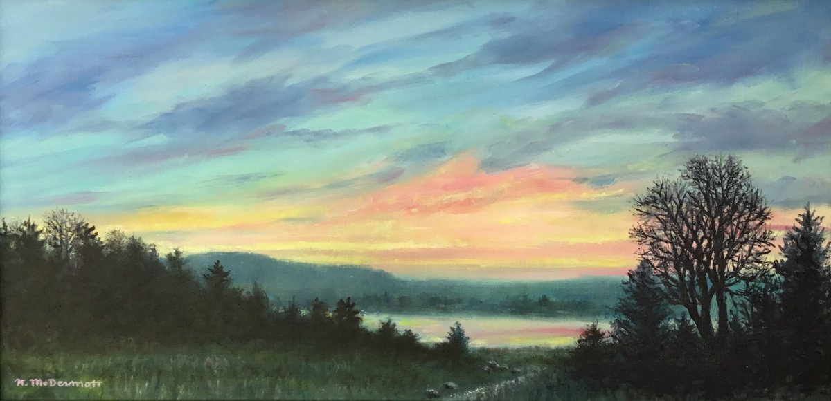 Impressionistic Landscape Oil Painting By Kathleen Mcdermott, 28 X 16", Wilderness Sundown, Original Artwork