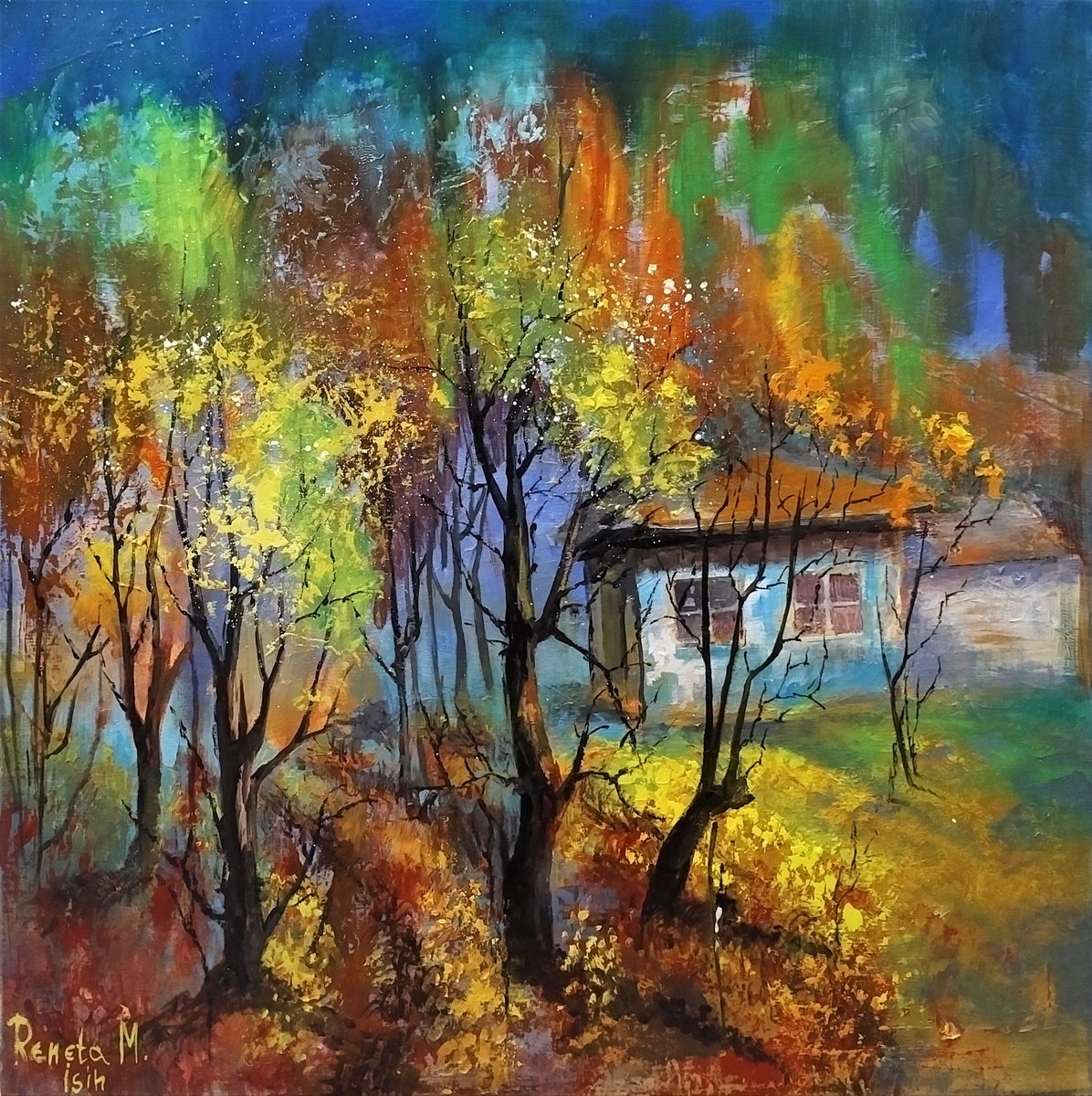 Impressionistic Landscape Oil Painting By Reneta Isin, 24 X 24", " Autumn ", Original Artwork