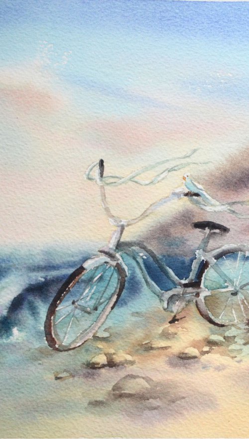 Bicycle by the sea, Watercolor painting by Yulia Evsyukova