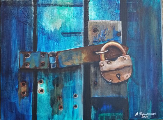 Rusty Padlock. Original Acrylic Painting on Canvas. 2020. Performed in trendy palette knife technique. Highly textured.