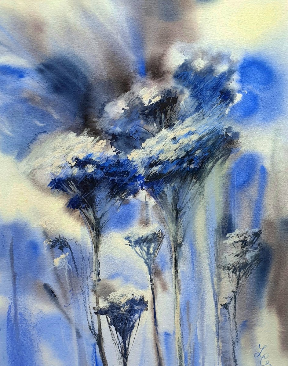 Impressionistic Botanical Watercolour By Elena Genkin, 12 X 16, Winter. Snowy Flowers, Original Artwork