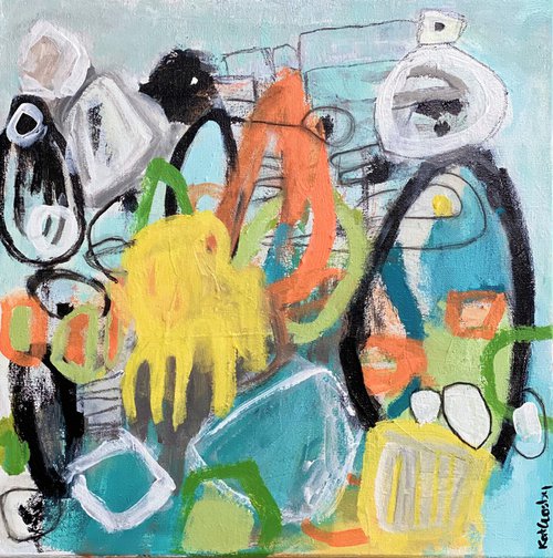 Sea Creatures - Colorful energetic contemporary abstract art painting by Kat Crosby