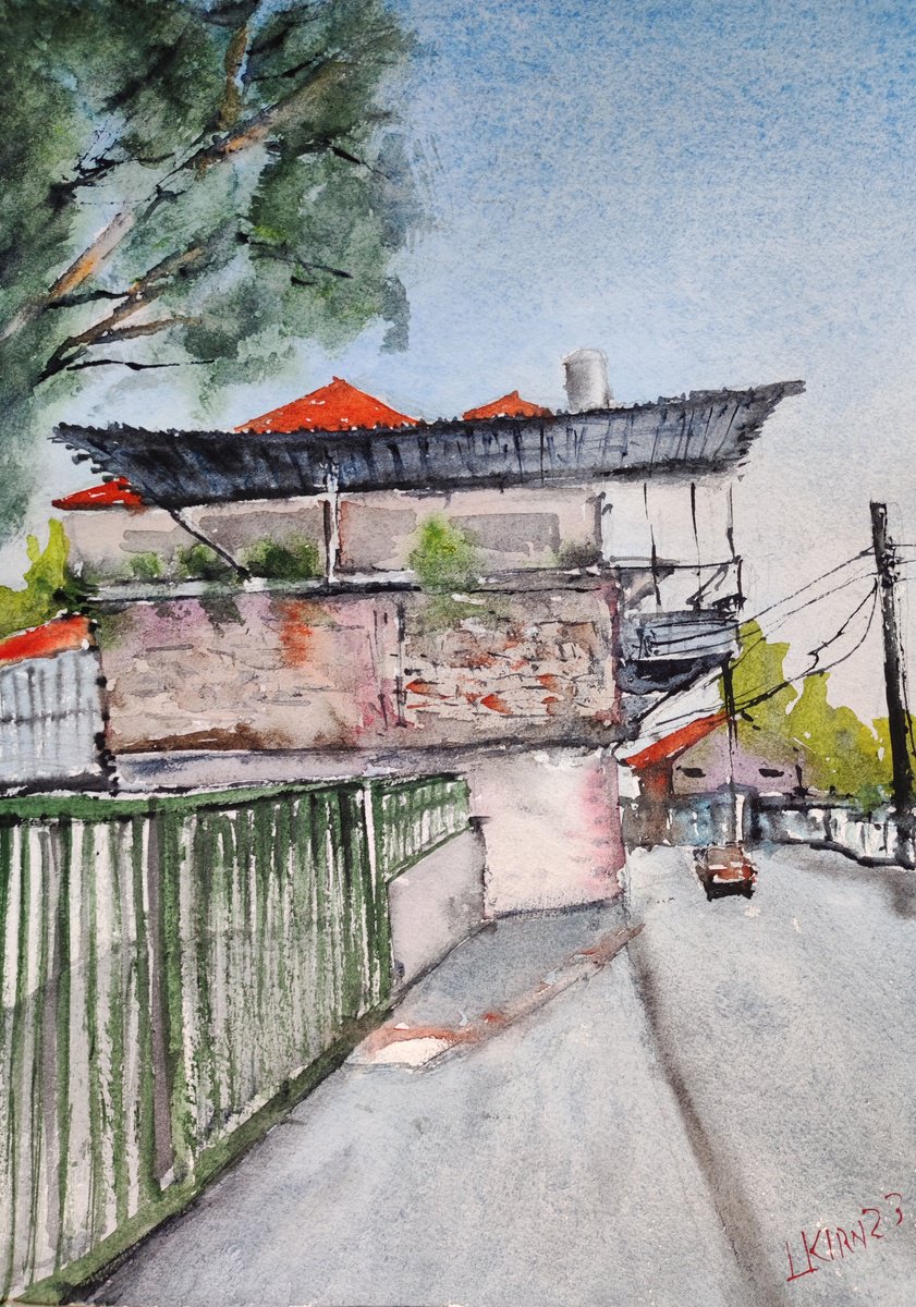 Impressionistic Cityscapes Watercolour By Leonid Kirnus, 10 X 15", Street View In Old City, Original Artwork