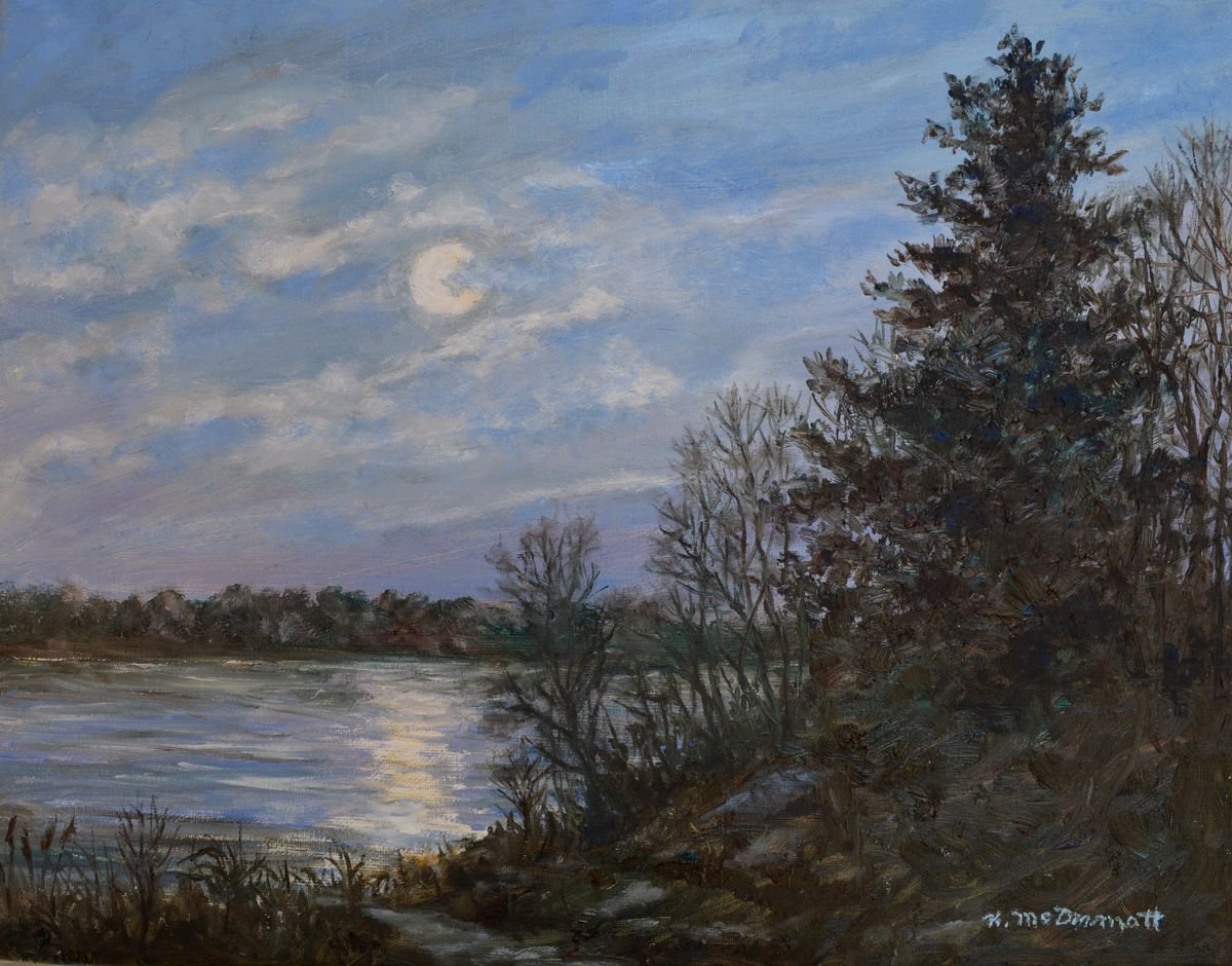 Impressionistic Landscape Oil Painting By Kathleen Mcdermott, 14 X 11", Lake Moonrise, Original Artwork