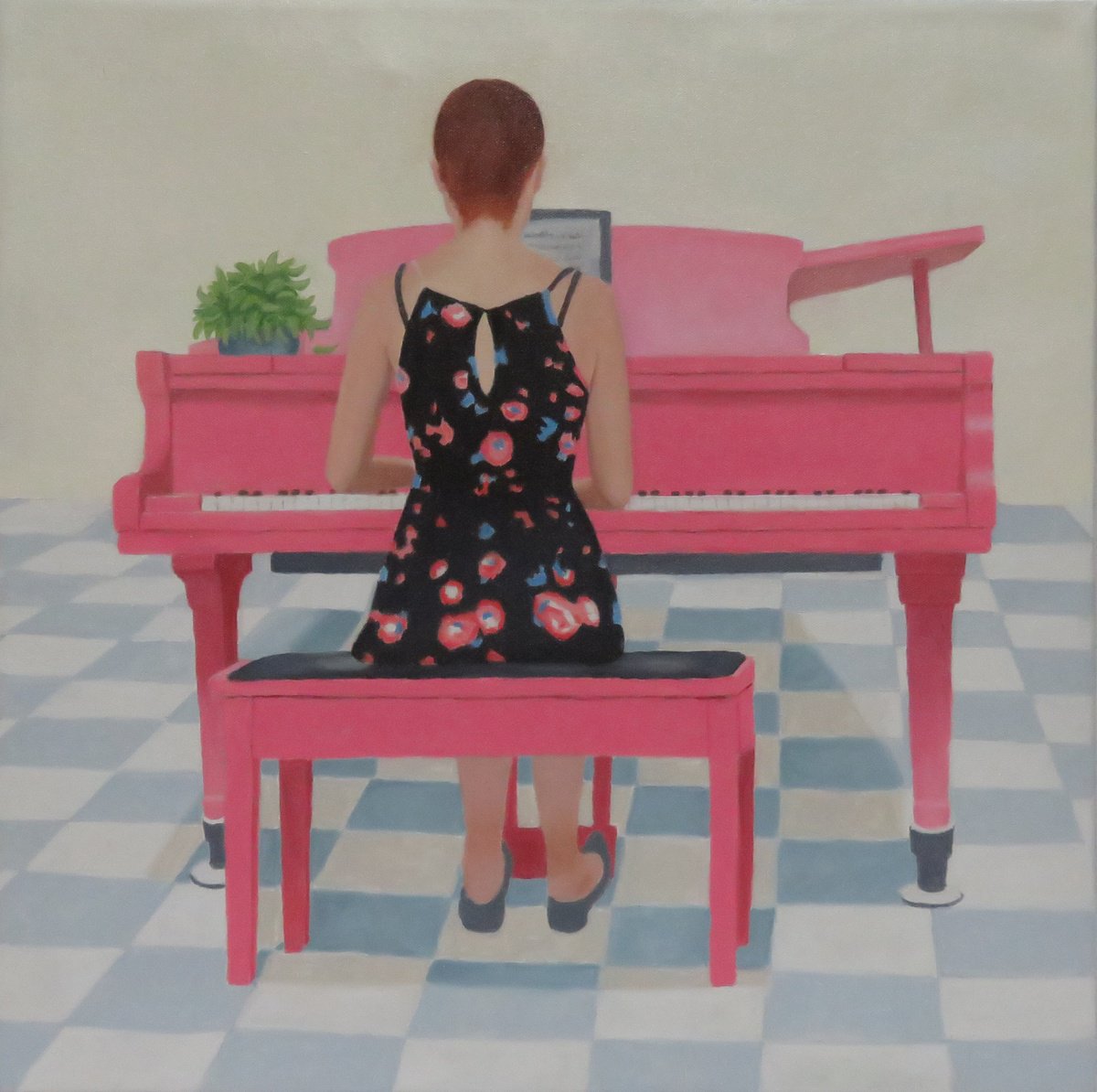 Photorealistic Portrait Oil Painting By Stephen Benedek, 20 X 20", Pink Piano, Original Artwork