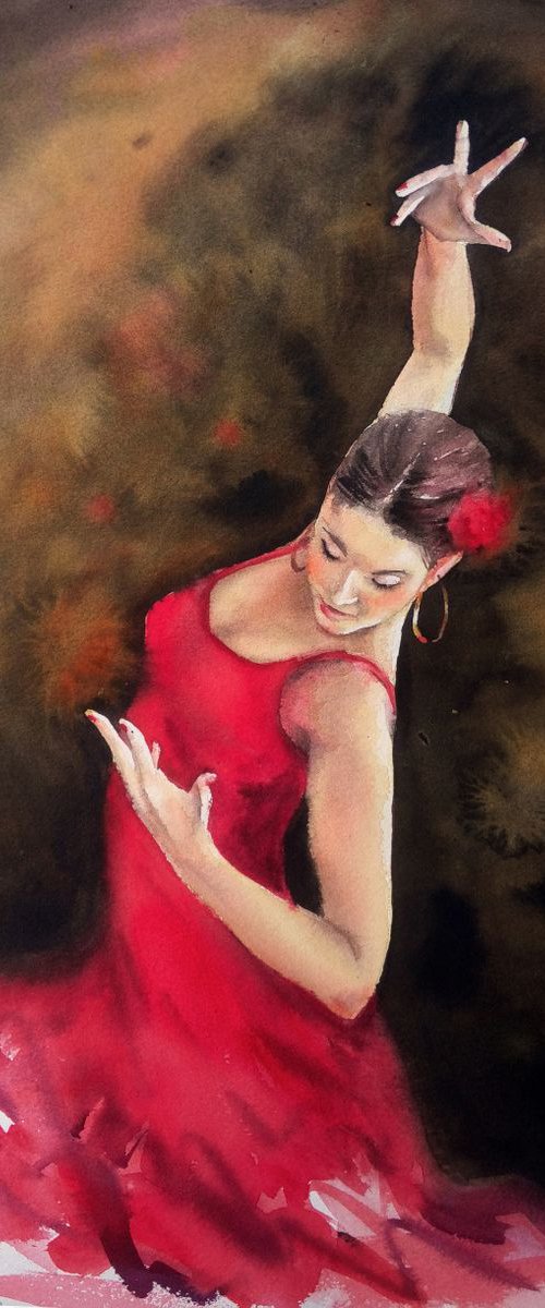 Flamenco Dancer in Red Dress - by Olga Beliaeva Watercolour