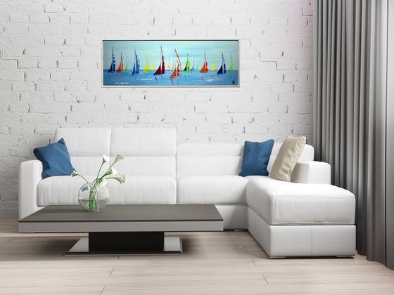 Colourful Summer II - Abstract- Colourful Sailboat Painting- Large Acrylic Art Canvas Wart Art Ready to hang