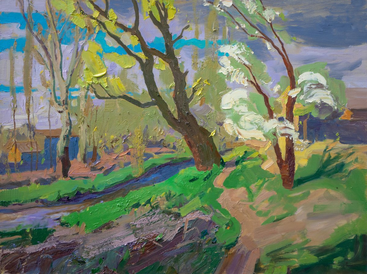 Impressionistic Landscape Oil Painting By Victor Onyshchenko, 31 X 24", Trees Near Strizhen River, Original Artwork