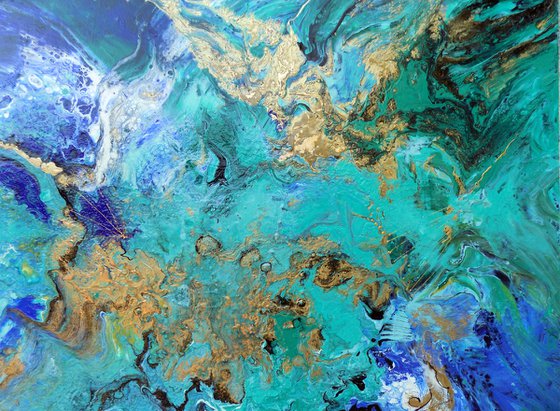 Modern abstract art blue green gold metallic painting ocean colors - Summer Holidays