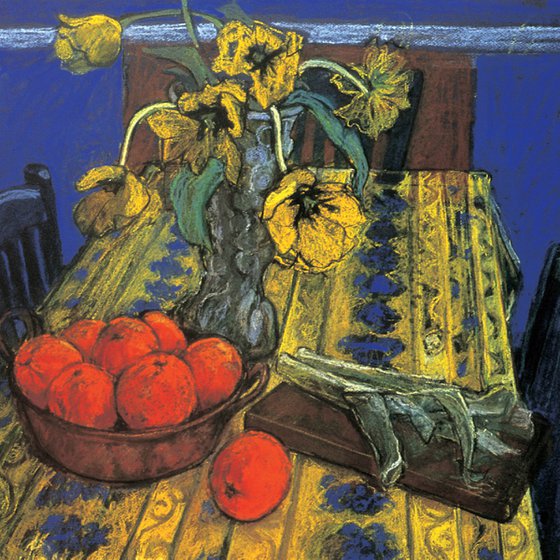 French Tablecloth and oranges still life