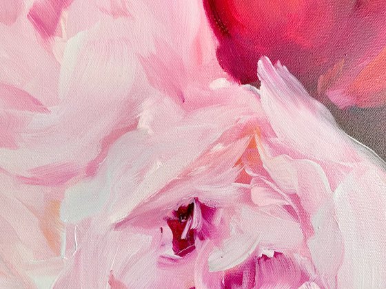 Original oil painting pink peonies bouquet