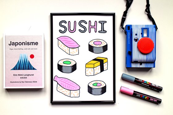 Sushi Illustrated Typographic Poster on Unframed A4 Paper