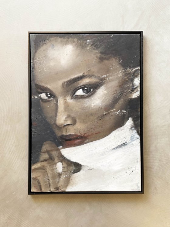 Isilda | Black beautiful model painting in oil on canvas large contemporary portrait female model