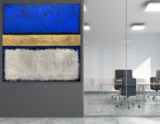 Out of the Blue - XL LARGE,  TEXTURED, GOLD LEAF ABSTRACT ART – EXPRESSIONS OF ENERGY AND LIGHT. READY TO HANG!