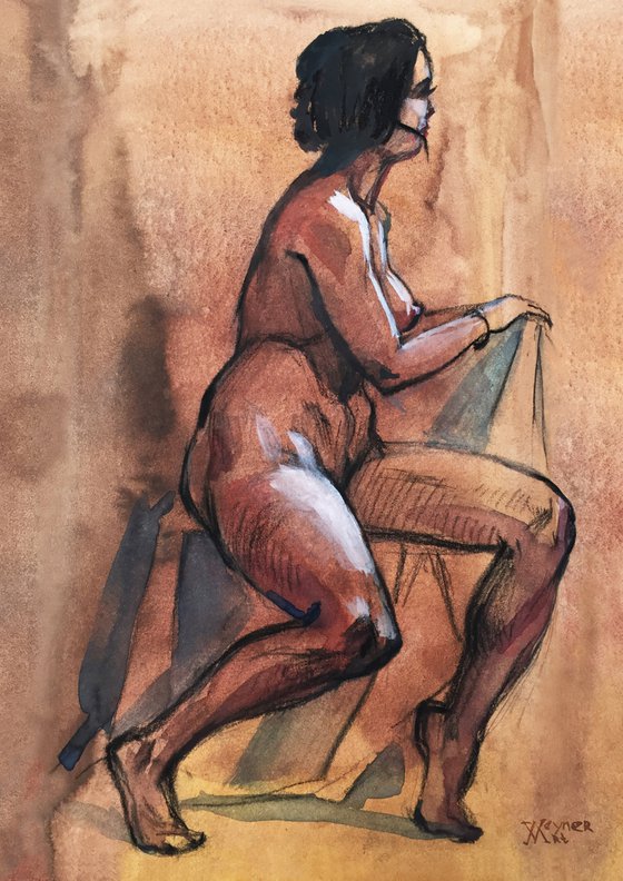 Seated nude model. Gift for him